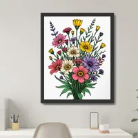 Floral Bouquet Bright Colors Comic Drawing Style Framed Art