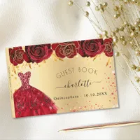 Quinceanera gold red dress flowers glitter guest book