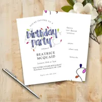 Hand Lettered Dusty Blue Fun Facts Birthday Party Invitation