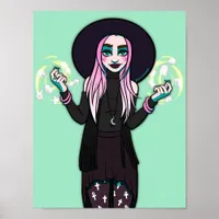 Gothic Black Green Modern Anime Witch Illustration Poster