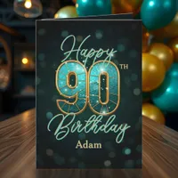 Elegant Teal and Gold Metallic 90th Birthday Card