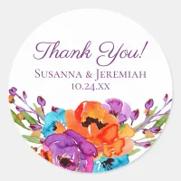 Purple Orange Floral Watercolor Wedding Thank You Classic Round Sticker