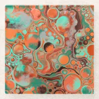 Brown, Teal, Orange Marble Fluid Art  Glass Coaster