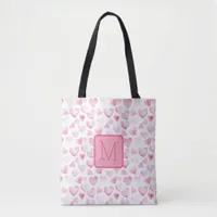 Pink Hearts Valentine Color Block Monogram Tote Bag