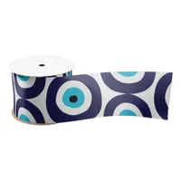 Evil Eye Circles Pattern in Aqua White Navy Blue Satin Ribbon