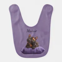 Cartoon Tortoiseshell Kitten on Purple Cushion Baby Bib