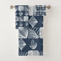 Bold Caribbean Tribal Mudcloth: Navy Blue& White,  Bath Towel Set