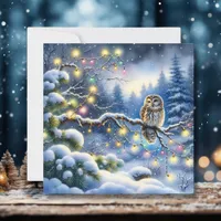 Christmas Owl in a Magical Winter Forest Holiday Card