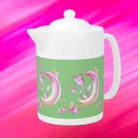 Pretty Pink- Moon, Butterfly, Floral - Monogram | Teapot