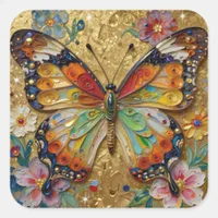 Beautiful Impasto Butterfly and Flowers   Square Sticker