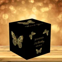 Birthday party black gold butterflies name favor boxes