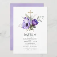 Lilac Floral themed Baptism or Christening Invitation