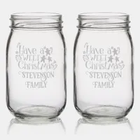 Monogram Family Name Have Sweet Christmas Etched  Mason Jar