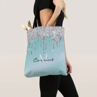 Monogram Aqua Blue + Silver Dripping Glitter Name Tote Bag