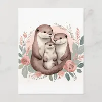 Adorable Otter Family  Sage and Dusty Rose Boho Postcard
