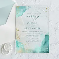 Modern Teal Gold Abstract Beach Wedding Acrylic Invitations