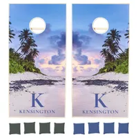 Tropical Island Ocean Beach Sunset Monogram Cornhole Set