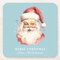 Retro Santa Blue Personalized Name Christmas Square Paper Coaster