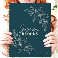 Teal Minimalist Floral 2025 Custom Name Planner