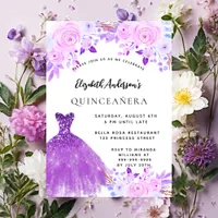 Quinceanera pink purple flowers dress invitation