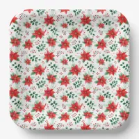 Classic Botanical Print Red Poinsettias Pattern Paper Plates