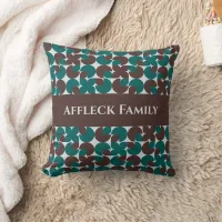 Teal & Brown Retro '70s Motifs Family Name Throw Pillow