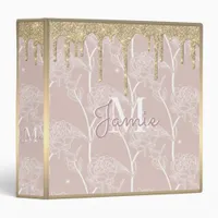 Monogram Metallic Gold Glitter Drip & Mauve Floral 3 Ring Binder