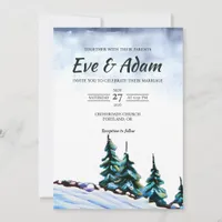 Snowy Hillside Pine Fog Watercolor Winter Wedding Invitation
