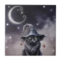 Black Halloween Cat Wearing a Witch Hat  Ceramic Tile