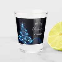 Christmas black blue modern tree monogram shot glass