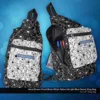 Daisy Wildflower Black White Pattern & Blue Name Sling Bag