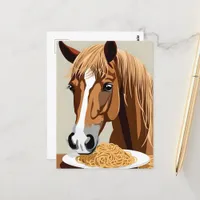 horse eating spaghetti postcard