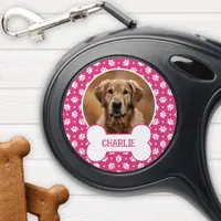 Hot Pink Polka Dot Paw Print Dog Bone Pet Photo Retractable Pet Leash