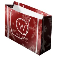 Festive Red Foil Snowflakes Monogram Name Large Gift Bag