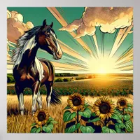 Pinto Horse in a Sunflower Field  Poster