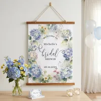 Dusty Blue Hydrangea Floral Bridal Shower Welcome Hanging Tapestry