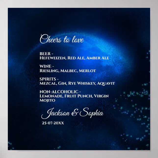 Celestial wedding Full Blue Moon & Stars menu Poster