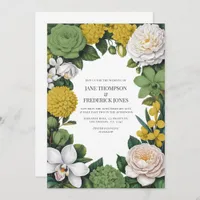 Sage Green, White & Gold Floral Wedding Invitation