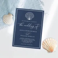 Navy Blue Elegant Beach Seashell Wedding Invitation