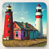 Colorful Abandoned Lighthouses on a Beach Beverage Coaster