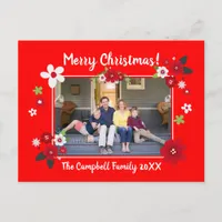 Elegant Floral Merry Christmas Photo Names Red Postcard