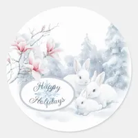 Cute White Rabbits in Snow Winter Holiday Classic Round Sticker