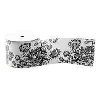 Modern Trendy Black & White Lace Pattern Grosgrain Ribbon