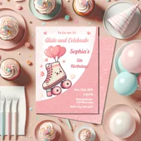 Roller Skating Pink Heart Girl's Birthday Party Invitation