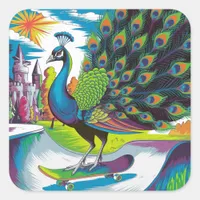 A Skateboarding Peacock Square Sticker