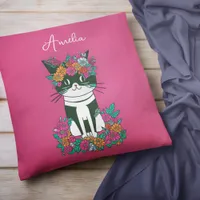 Monogram Name Black White Cat Pink Throw Pillow