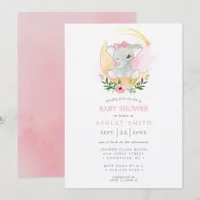 Floral Watercolor Elephant Moon Girl Baby Shower Invitation