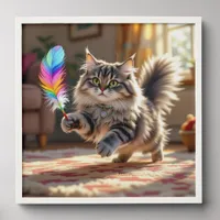 A Cute Fluffy Cat Chasing a Feather Peel And Stick Photo Tile