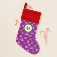 Monogram Wreath Your Name Purple White Snowflakes Christmas Stocking