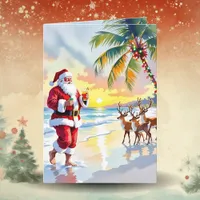 Watercolor Santa & Reindeer on the Beach Christmas Holiday Card